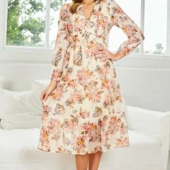 Into Fashion Vilma Dress - Beige Floral CLOTHING