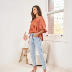 Rock Denim CLOTHING Frida Top - Rust Print