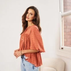 Rock Denim CLOTHING Frida Top - Rust Print