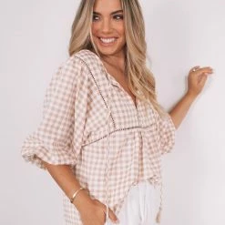 WeLove Fashion Deserae Top - Beige Gingham CLOTHING