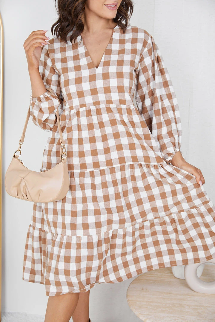 Miracle Fashion Adenique Dress - Tan Gingham 6 Miracle Fashion Adenique Dress - Tan Gingham