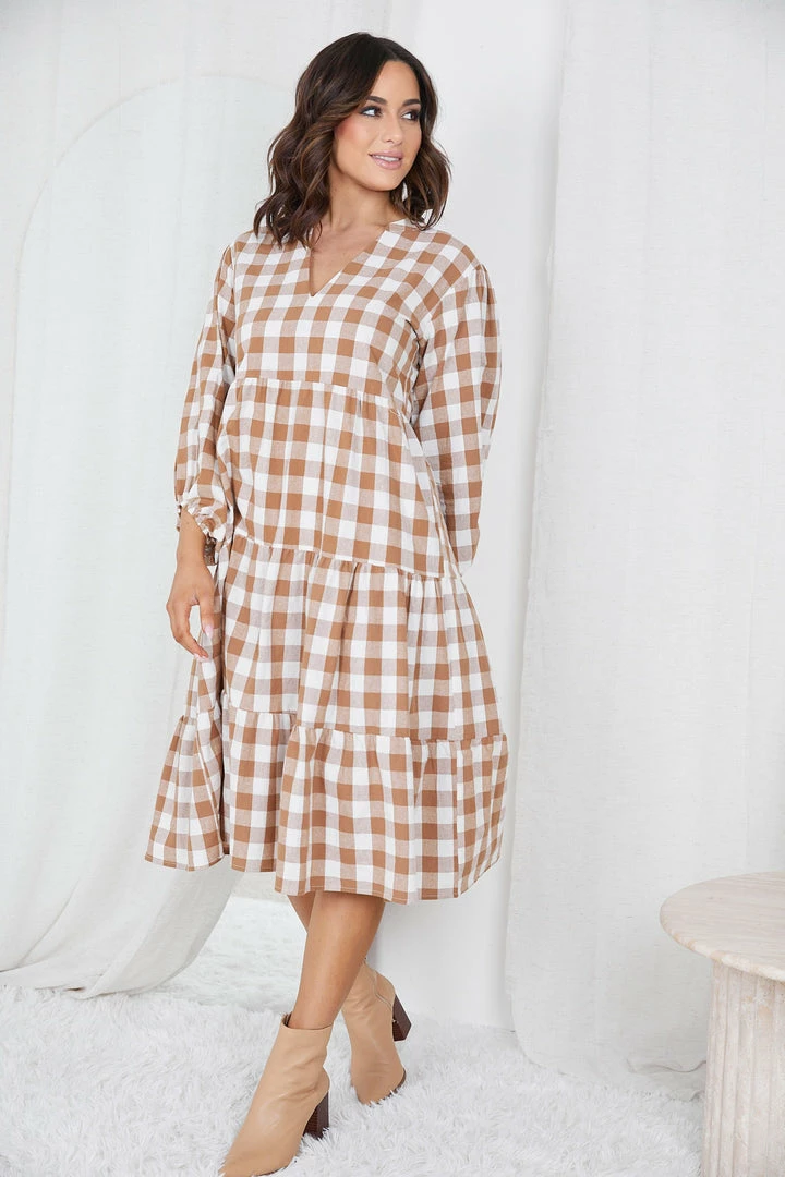 Miracle Fashion Adenique Dress - Tan Gingham 7 Miracle Fashion Adenique Dress - Tan Gingham