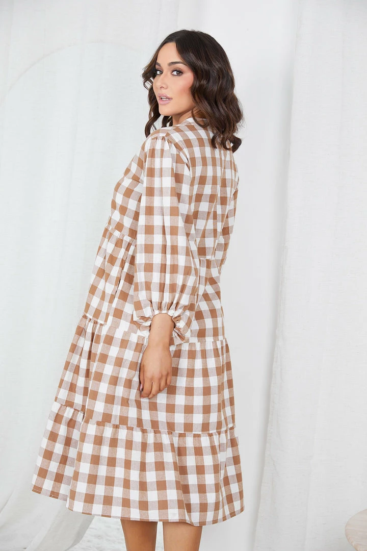 Miracle Fashion Adenique Dress - Tan Gingham 4 Miracle Fashion Adenique Dress - Tan Gingham