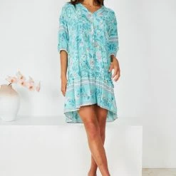 HQ Fashion Aurina Dress - Aqua Print CLOTHING 11 HQ Fashion Aurina Dress - Aqua Print CLOTHING