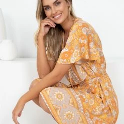 Rock Denim Shimma Dress - Orange Print CLOTHING