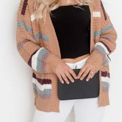 White Closet Concetta Cardigan - Camel Stripe CLOTHING
