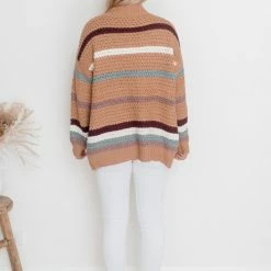 White Closet Concetta Cardigan - Camel Stripe CLOTHING