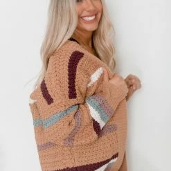 White Closet Concetta Cardigan - Camel Stripe CLOTHING