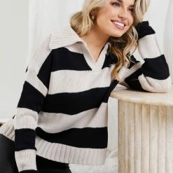 Pink Diamond CLOTHING Cormay Knit - Cream Stripe