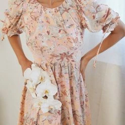 Pink Diamond Leilyn Dress - Beige Print CLOTHING 12 Pink Diamond Leilyn Dress - Beige Print CLOTHING