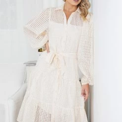 Sunny Girl Notepad Long Sleeve Dress - Cream