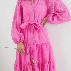 Sunny Girl Notepad Long Sleeve Dress - Pink CLOTHING