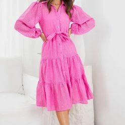 Sunny Girl Notepad Long Sleeve Dress - Pink CLOTHING