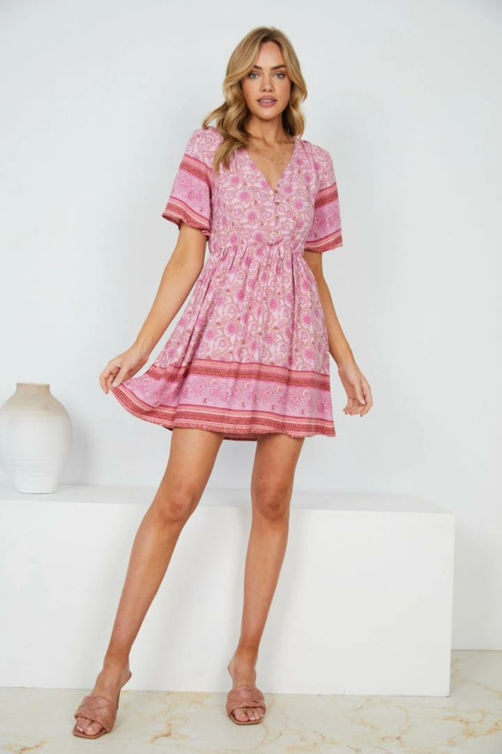 HQ Fashion Ricarda Dress - Pink Print CLOTHING 4 HQ Fashion Ricarda Dress - Pink Print CLOTHING