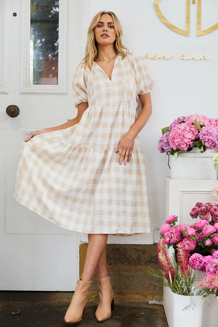 Into Fashion Shasta Dress - Beige Gingham 3 Into Fashion Shasta Dress - Beige Gingham