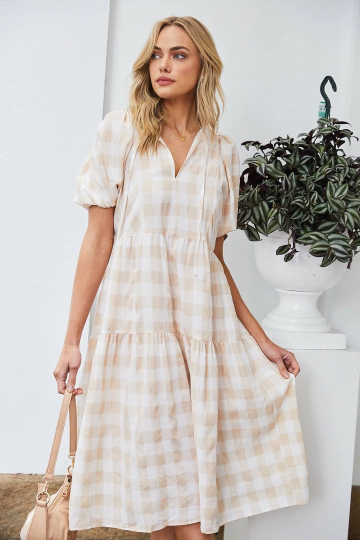 Into Fashion Shasta Dress - Beige Gingham 7 Into Fashion Shasta Dress - Beige Gingham