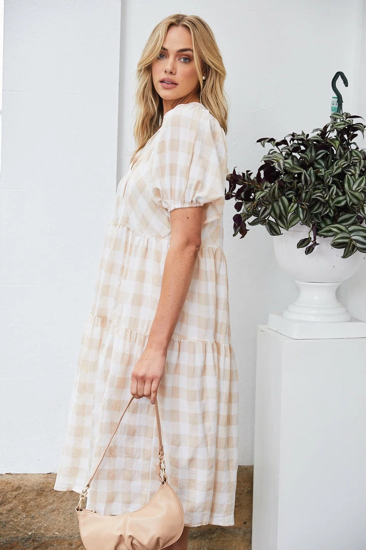 Into Fashion Shasta Dress - Beige Gingham 5 Into Fashion Shasta Dress - Beige Gingham