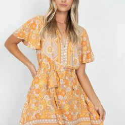 Rock Denim Shimma Dress - Orange Print CLOTHING